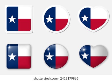Flag of Texas icons collection. Flat stickers and 3d realistic glass vector elements on white background with shadow.