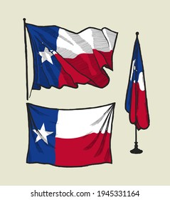 flag of Texas on the wind and on the wall hand drawn illustration set.