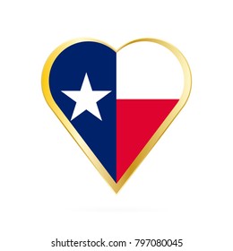 Flag of Texas in the shape of Heart, symbol of Love Gold version.