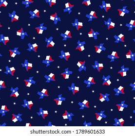 Flag Of Texas State In Shape Of Texas Map With White Texas Stars On Dark Blue Background. Vector Repeat Pattern 