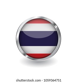 Flag of thailand, button with metal frame and shadow. thailand flag vector icon, badge with glossy effect and metallic border. Realistic vector illustration on white background.