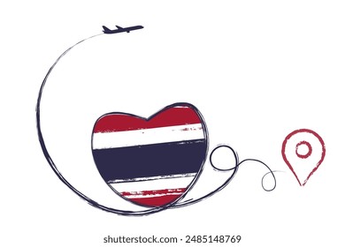 Flag of Thailand. Heart, love romantic travel. Symbol of airplane, air plane, aircraft, aeroplane, flying, fly jet airline. Line path. Vector location pointer route. Travel for your  design EPS10.