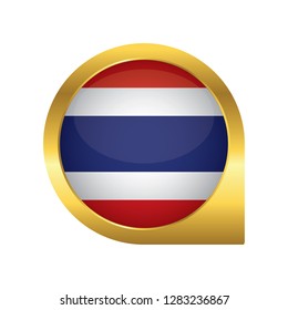 Flag of Thailand, location map pin, pointer flag, button with the reflection of light and shadow, gold frame, Icon country. Realistic vector illustration on white background.