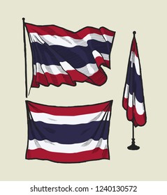 Flag of Thailand on the wind and on the wall illustration set