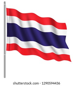 Flag of Thailand with flag pole waving in wind. Vector illustration