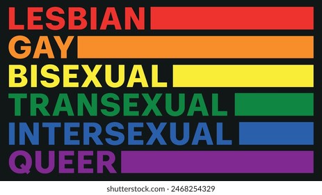 Bandera Miniatura con texto Lesbianas Gay Bisexual Transexual Intersexual Queer que representa parte del colectivo con un fondo negro