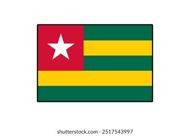 The flag of Togo features distinct horizontal stripes of green and yellow with a red canton containing a white star. This design symbolizes the nation's unity and independence.