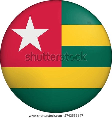 Flag of Togo. Glossy circular flag. Button appearance. 3D Icon Design with depth. Professional, tactile look. Perfect for representing national identity in digital interfaces and perfect for websites