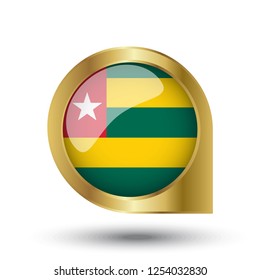 Flag of Togo, location map pin, pointer flag, button with the reflection of light and shadow, gold frame, Icon country. Realistic vector illustration on white background.