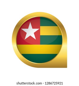 Flag of Togo, location map pin, pointer flag, button with the reflection of light and shadow, gold frame, Icon country. Realistic vector illustration on white background.
