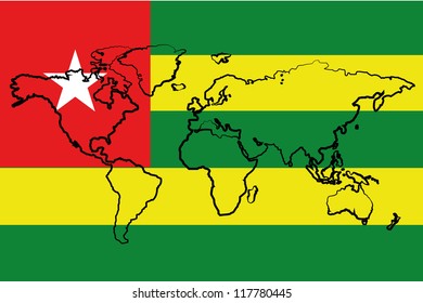 The flag of Togo with the outline of the world