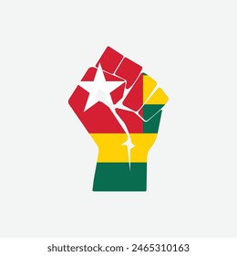 Flag of Togo in the shape of raised hand sign isolated on background. Fist symbol modern, simple, vector, icon for website design, mobile app, ui. Vector Illustration