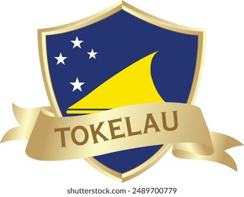 Flag of tokelau as around the metal gold shield with tokelau flag