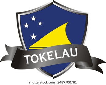 Flag of tokelau as around the metal silver shield with tokelau flag