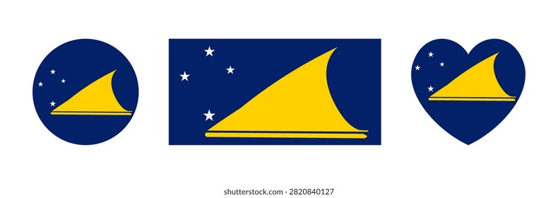 Flag of Tokelau dependent territory of New Zealand badge, button heart, circle, rectangle shapes. Tokelau flag round, rectangular, heart icon, sticker. Set of Banner, background flag Tokelau islands.