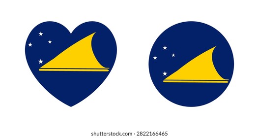 Flag of Tokelau dependent territory of New Zealand badge, button heart, circle shapes. Set of Tokelau flag round, heart icon, sticker. Banner, background flag Tokelau islands.