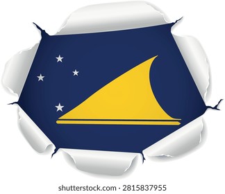 Flag of Tokelau. Flag Revealed Through Torn Paper Hole with Realistic Curled Edges over a transparent background. The ripped edges curl outward with realistic shadows and depth, creating a striking reveal effect