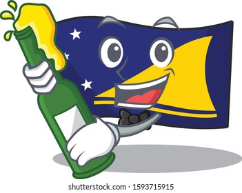 Flag tokelau Scroll with bottle of beer mascot cartoon style