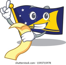 Flag tokelau Scroll cartoon character holding menu ready to serve