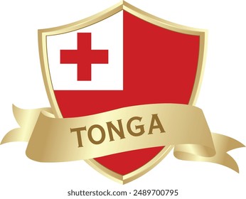 Flag of tonga as around the metal gold shield with tonga flag