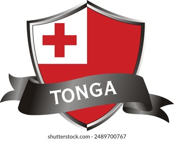 Flag of tonga as around the metal silver shield with tonga flag