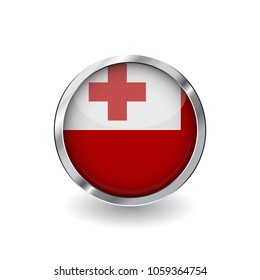 Flag of tonga, button with metal frame and shadow. tonga flag vector icon, badge with glossy effect and metallic border. Realistic vector illustration on white background.