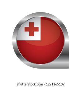 Flag of Tonga, location map pin, pointer flag, button with the reflection of light and shadow, silver frame, Icon country. Realistic vector illustration on white background.
