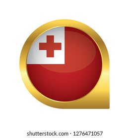 Flag of Tonga, location map pin, pointer flag, button with the reflection of light and shadow, gold frame, Icon country. Realistic vector illustration on white background.