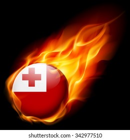 Flag of Tonga as round glossy icon burning in flame