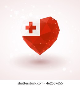 Flag of Tonga in shape of diamond glass heart in triangulation style for info graphics, greeting card, celebration of Independence Day, printed materials 
