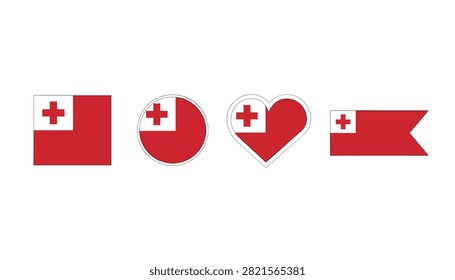 Flag of Tonga shown in four different shape variations including square, circle, heart, and a flag pennant on white.