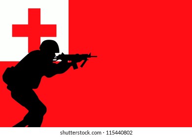 The flag of Tonga and the silhouette of a soldier aiming their weapon