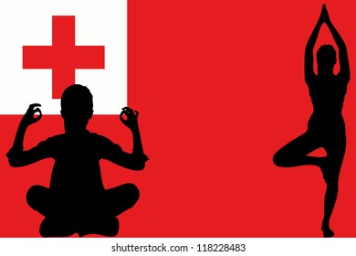 The flag of Tonga with yoga silhouettes