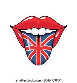 Flag Tongue, English Language Learning Or Teaching Concept. Open Smiling Mouth With Flag Of Great Britain. Study English Icon. Cartoon Style Vector Illustration.