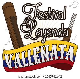 Flag and traditional wooden guacharaca and fork ready to be used in the musical events of Vallenato Legend Festival (written in Spanish).