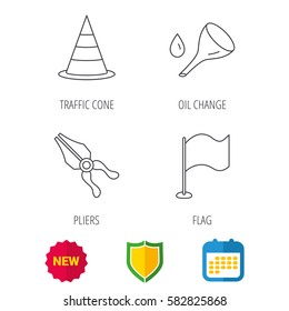 Flag, traffic cone and oil change icons. Pliers linear sign. Shield protection, calendar and new tag web icons. Vector