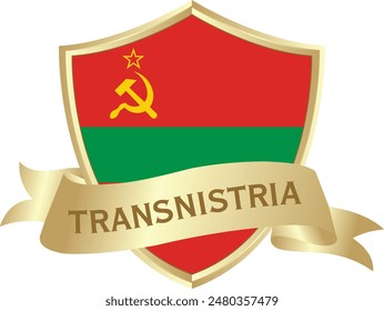 Flag of transnistria as around the metal gold shield with transnistria flag