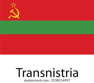 A bandeira da Transnístria, também conhecida como a República Moldava de Pridnestrovian, apresenta um campo vermelho com uma faixa verde no centro e um martelo e foice de ouro com uma estrela de ouro.