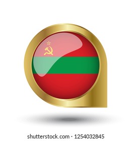 Flag of Transnistria, location map pin, pointer flag, button with the reflection of light and shadow, gold frame, Icon country. Realistic vector illustration on white background.