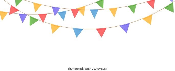 Flag triangle garland banner. Birthday party decor. Welcome bunting background. Fair fest event. Happy Holiday carnival. Festive celebration card. Anniversary invitation. Surprise.Vector illustration.