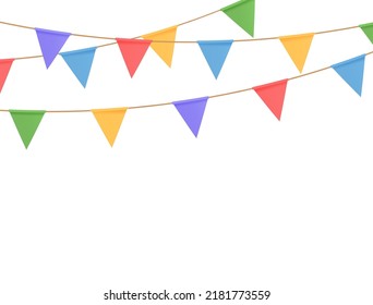 Flag triangle garland card. Happy Holiday carnival. Birthday party decor. Welcome bunting background. Fair fest event. Festive celebration banner. Anniversary invitation. Surprise.Vector illustration.