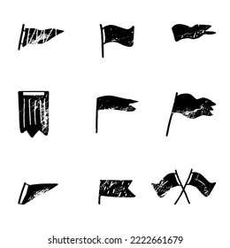Flag triangle, square icon and signs set vector illustration. Ink, engraved style	