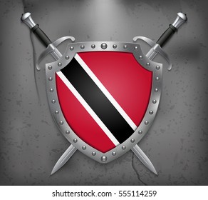 Flag of Trinidad and Tobago. The Shield Has Flag Illustration. Two Crossed Swords that are Behind the Shield. Vector Medieval Background