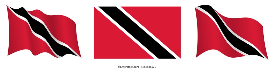 bandera de Trinidad y Tobago en posición estática y en movimiento, balanceándose en el viento en colores y tamaños exactos, sobre fondo blanco