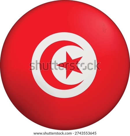 Flag of Tunisia. Glossy circular flag. Button appearance. 3D Icon Design with depth. Professional, tactile look. Perfect for representing national identity in digital interfaces and perfect for websites