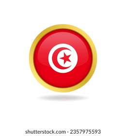 flag of Tunisia with golden frame, circle round glossy button, vector design, editable eps file