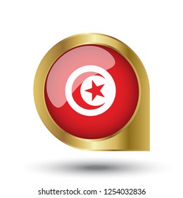 Flag of Tunisia, location map pin, pointer flag, button with the reflection of light and shadow, gold frame, Icon country. Realistic vector illustration on white background.