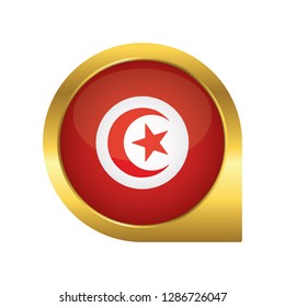 Flag of Tunisia, location map pin, pointer flag, button with the reflection of light and shadow, gold frame, Icon country. Realistic vector illustration on white background.