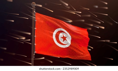 Flag of Tunisia made of luminous dots, bottom view. Fluttering in the wind. Vector.