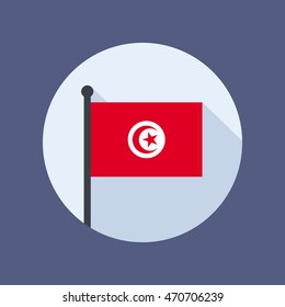 Flag of Tunisia on flagstaff in the circle. Vector flat icon eps8 illustration.